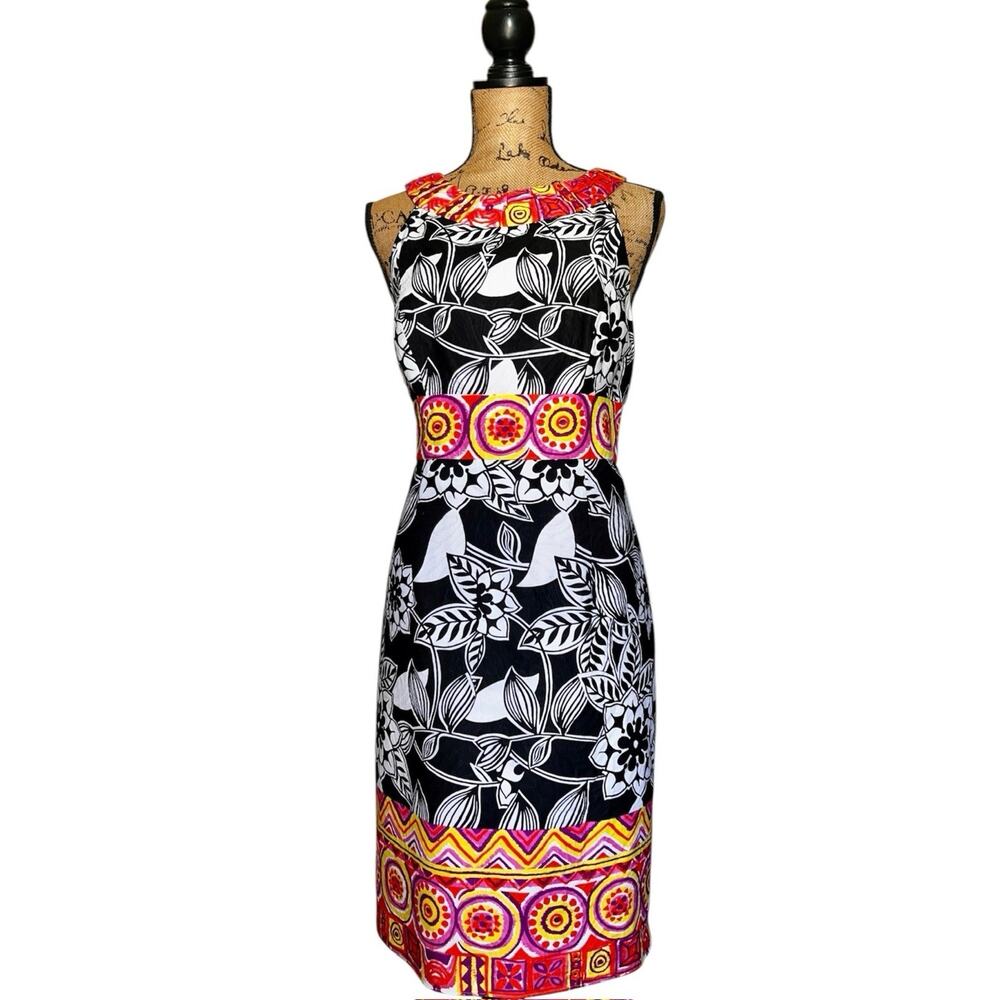 MUSE BLACK PINK WHITE FLORAL COTTON SHEATH DRESS SIZE 12